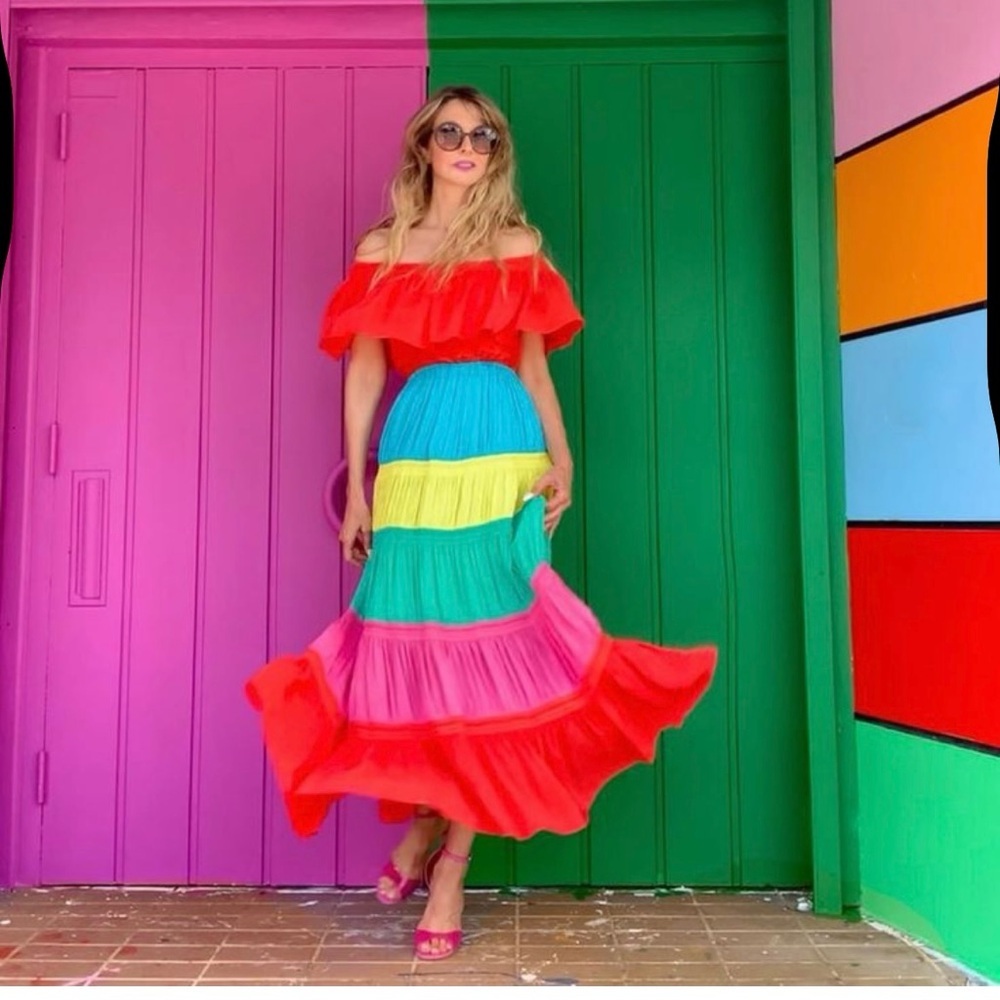 Alice + Olivia Kia Off Shoulder Colorful Maxi Dress 4 Vacation Tropical Festive